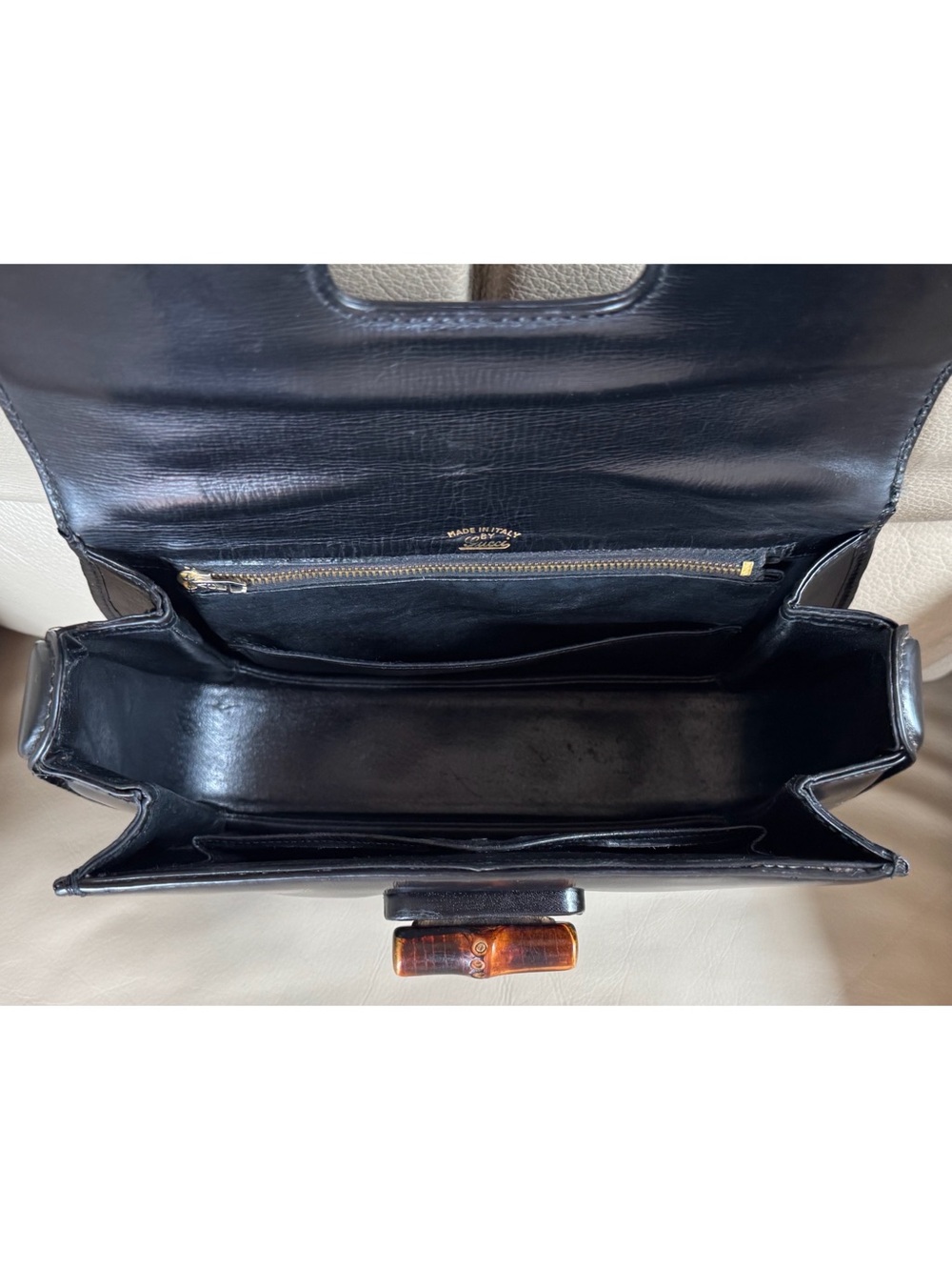 Rare Authentic Vintage Gucci 1947 Black Leather Bamboo Top Handle Turn Lock Bag - Picture 7 of 15